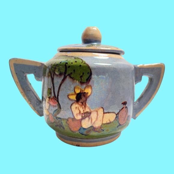 1940s Blue Tlaquepaque Mexican Folk Art Sugar & Creamer Hand Made And Decorated - Picture 6 of 12